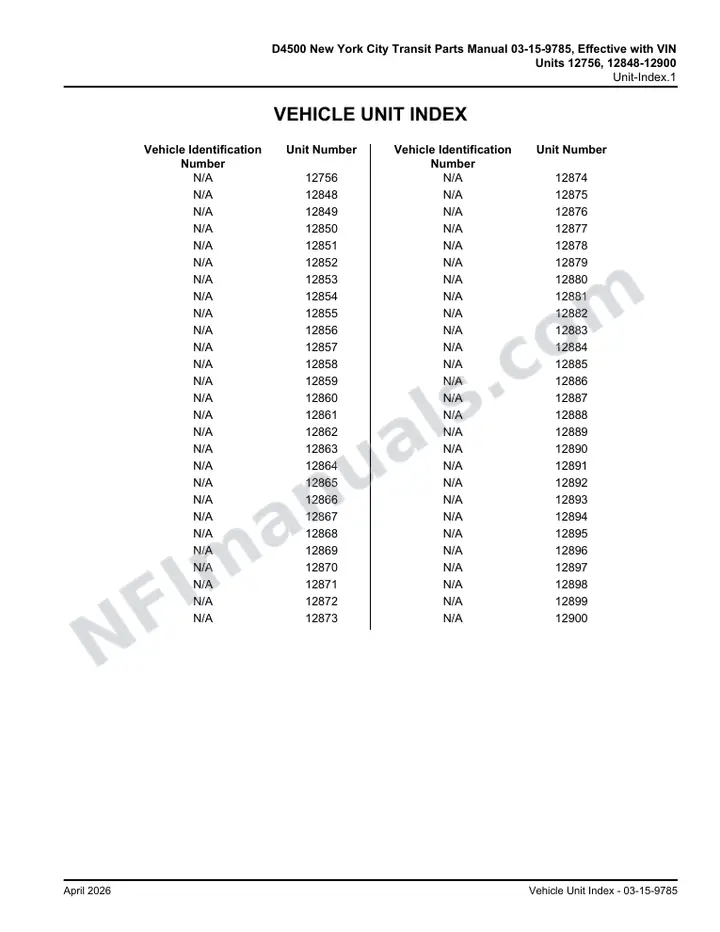 D4500 Parts Manual, NYCT 2012 for Units 12756, 12848-12900 first-page preview