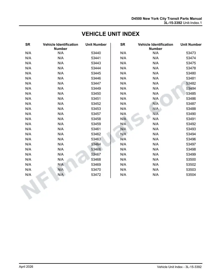 D4500 New York City Transit Parts Manual 3L 15 3392, Effective with VIN Units 53440 53504 first-page preview