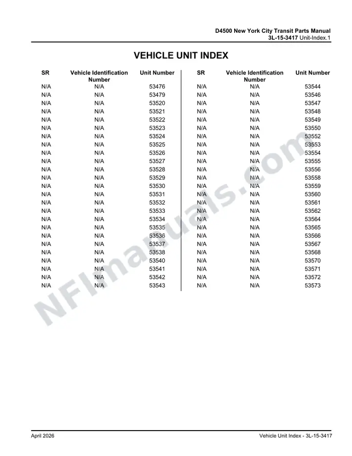 D4500 New York City Transit Parts Manual 3L 15 3417, Effective with VIN Units 53476 53573 first-page preview