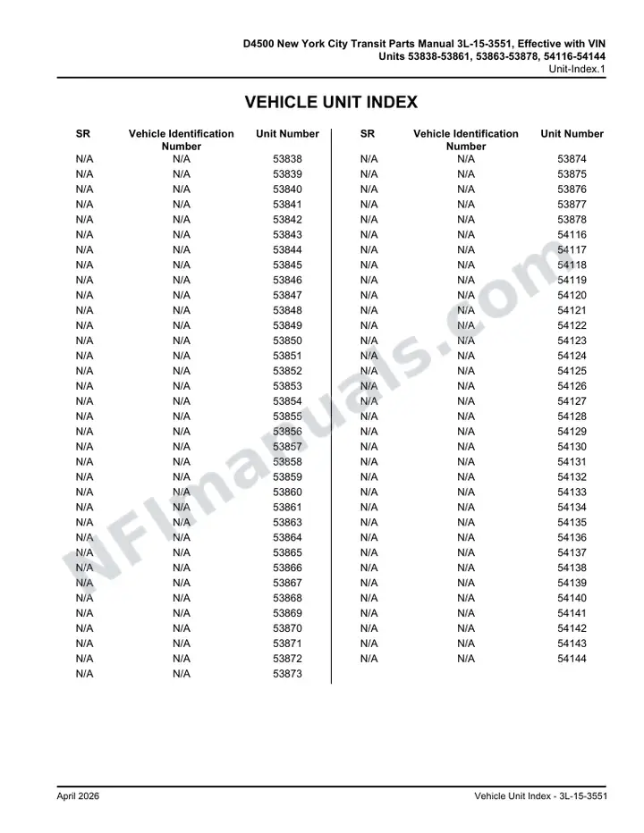 D4500 New York City Transit Parts Manual 3L 15 3551, Effective with VIN Units 53838 53878, 54116 54145 first-page preview
