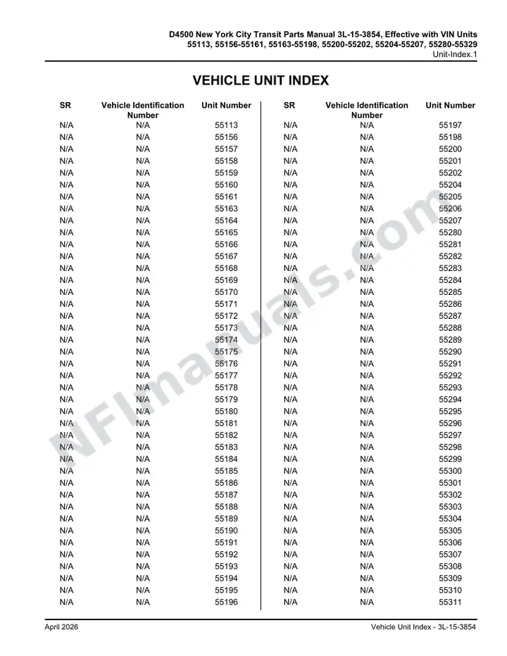 D4500 New York City Transit Parts Manual 3L 15 3854, Effective with VIN Units 55113, 55156 55329 first-page preview