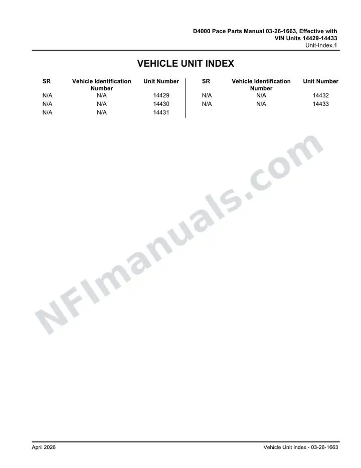 D4000 Pace Parts Manual 03 26 1663, Effective with VIN Units 14429 14433 first-page preview