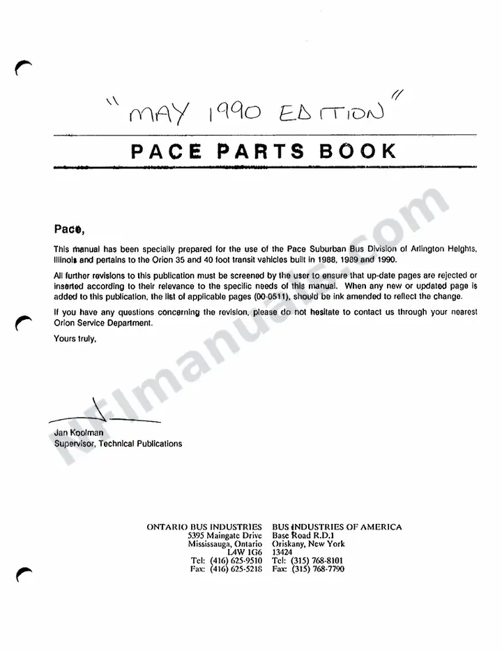 1990 Pace Parts Book May first-page preview