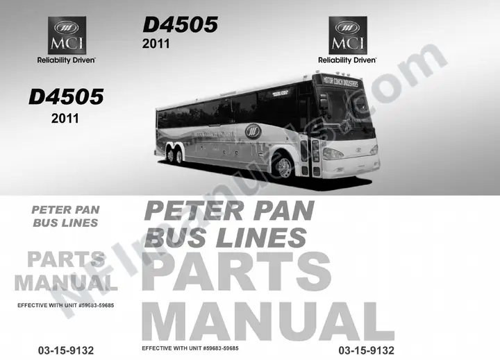 D4505 Peter Pan Bus Lines Parts Manual 03 15 9132, Effective with VIN Units 59683 59685 first-page preview