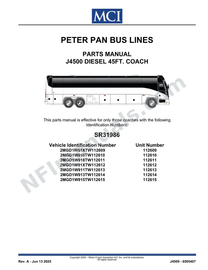 SR31986 Parts Manual, Peter Pan Bus Lines first-page preview