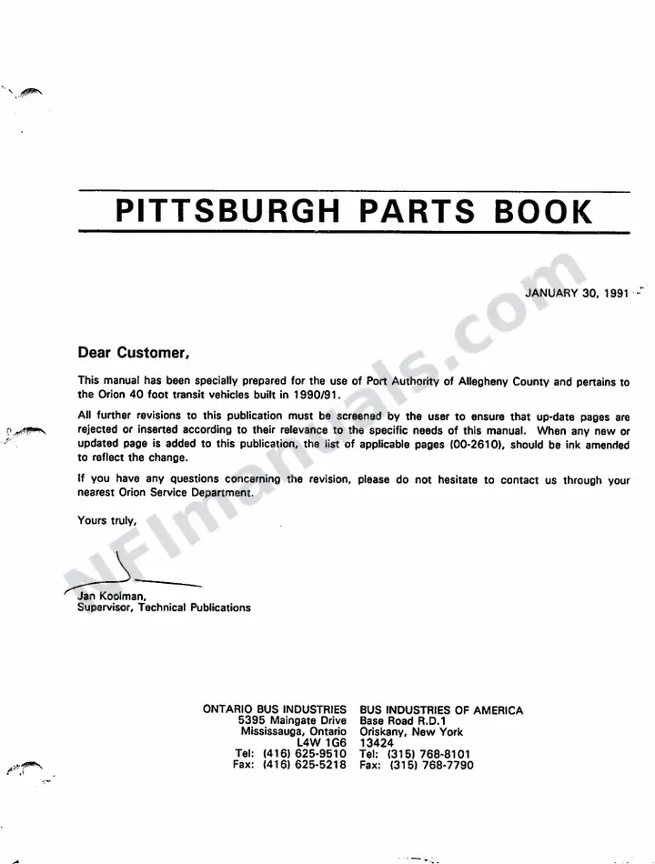 Pittsburgh 1991 OV Parts Manual first-page preview