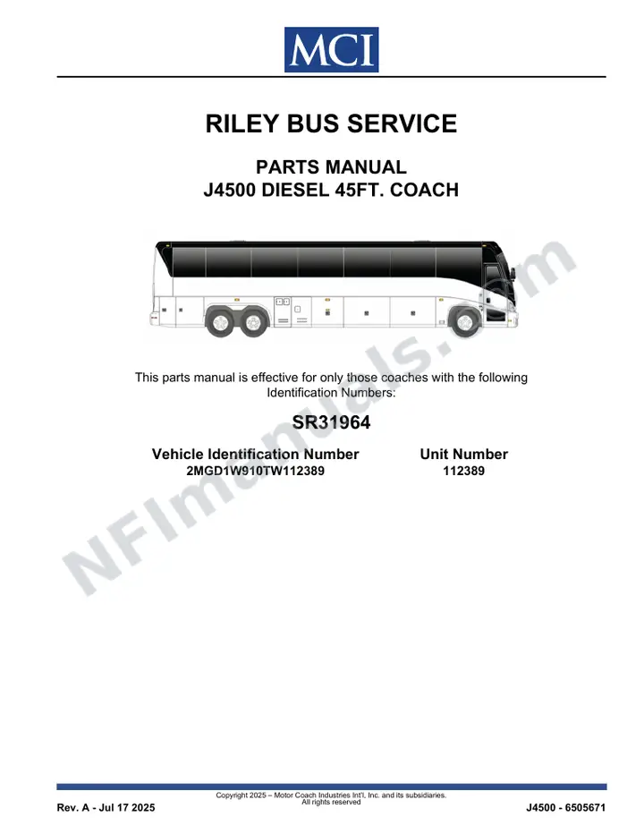 SR31964 Parts Manual, Riley Bus Service first-page preview