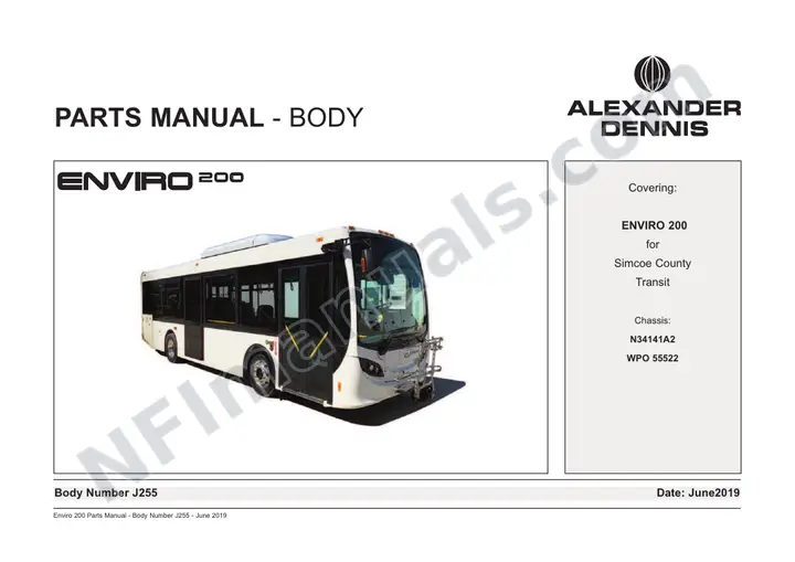 Simcoe County Transit, J255 Body Parts Manual first-page preview