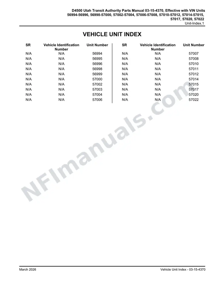 D4500 Utah RTA Parts Manual, 2005 for Units 56994-57022 first-page preview