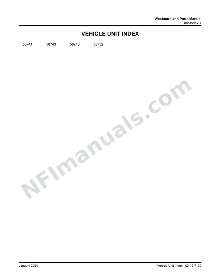 D4000 Westmoreland Parts Manual 03 15 7100, Effective with VIN Units 58741, 58743, 58746, 58752 first-page preview