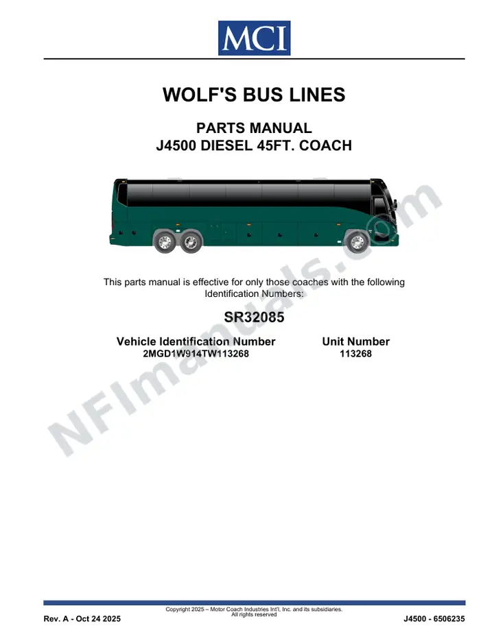SR32085 Parts Manual, Wolf's Bus Lines first-page preview